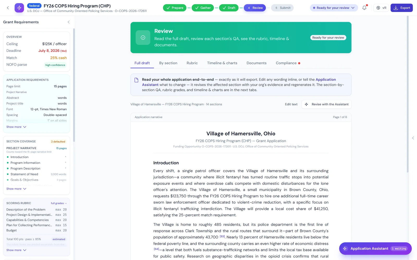 A drafted federal narrative with inline citation markers throughout