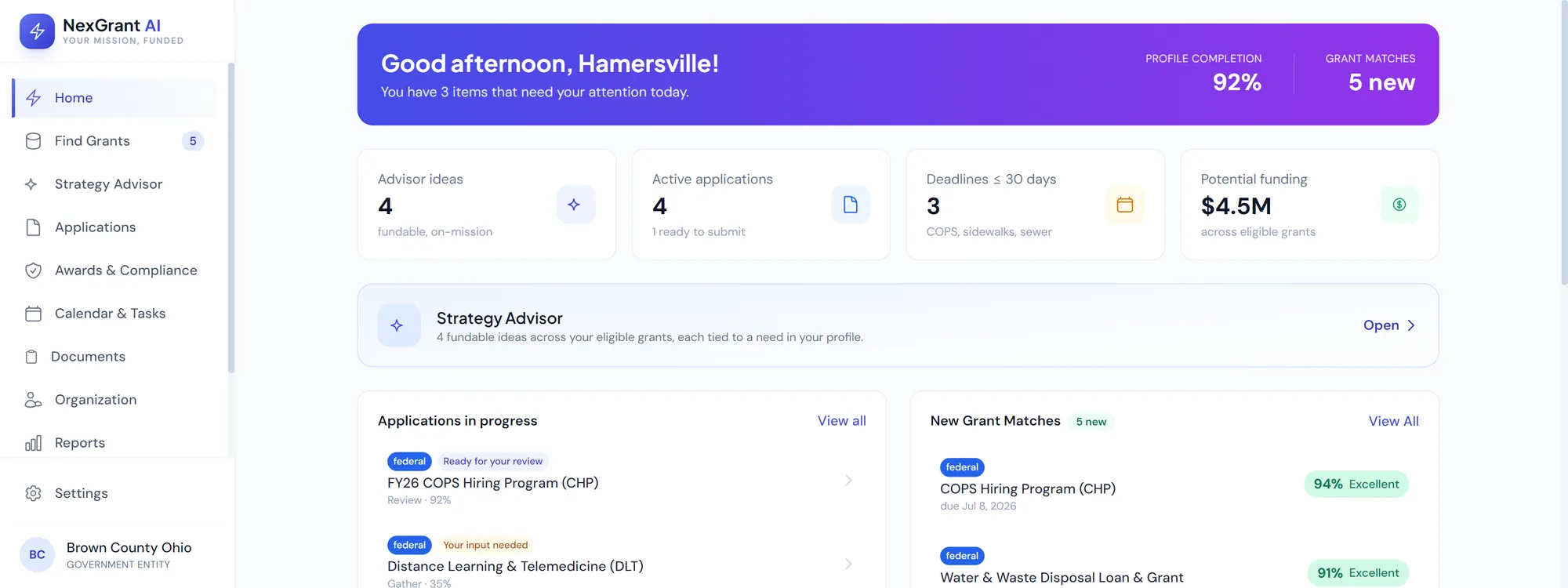 NexGrant AI dashboard — grant pipeline, matches and deadlines