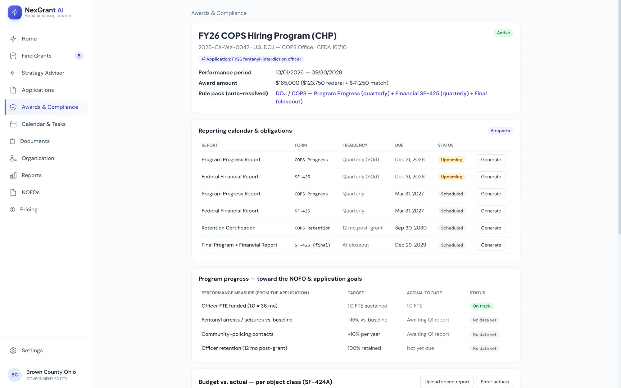 Post-award compliance — award record, reporting calendar and program progress
