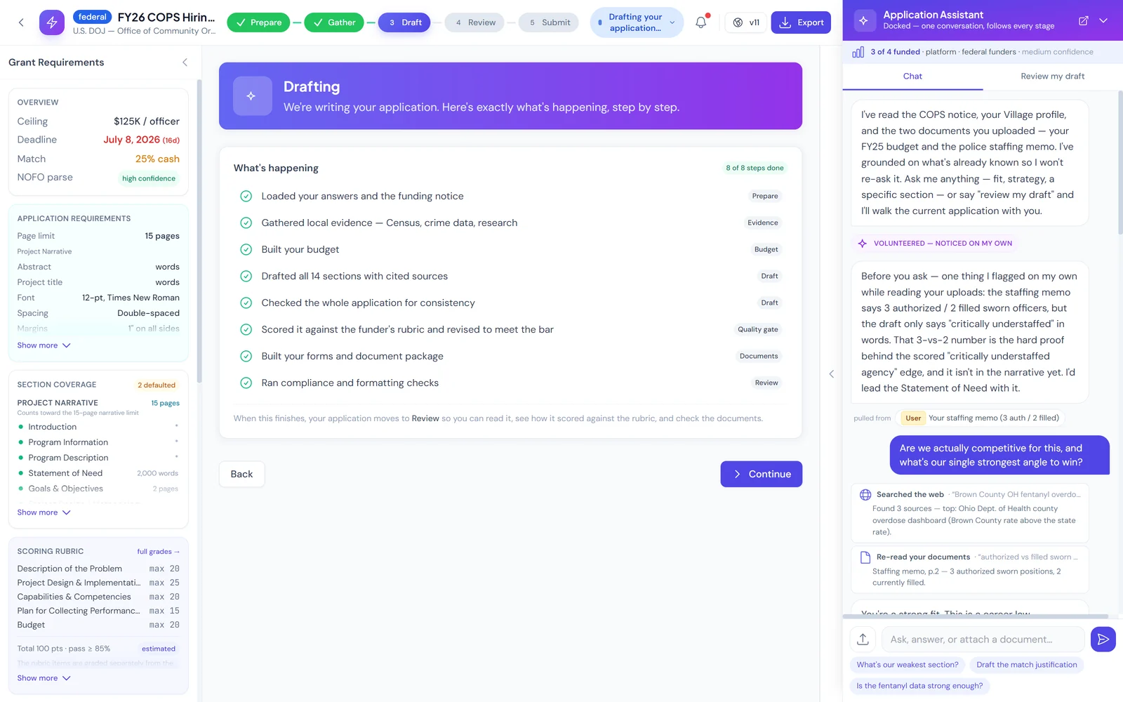 The eight-step drafting pipeline complete, with the Application Assistant chat showing web searches and document re-reads
